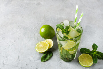 Refreshing summer mojito cocktail with ice cubes, fresh mint and lime.