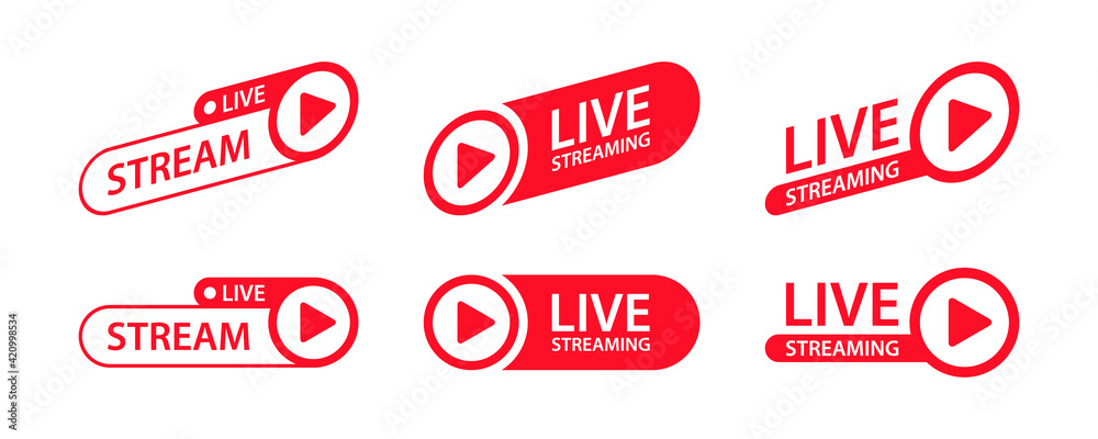 Poster Live streaming. Set of red symbols and buttons of live streaming, broadcasting, online stream and live performances. Vector illustration.
