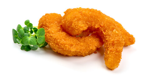 Shrimps in breadcrumbs, isolated on white background. High resolution image