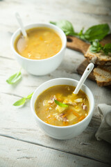 Traditional homemade pea soup with bacon