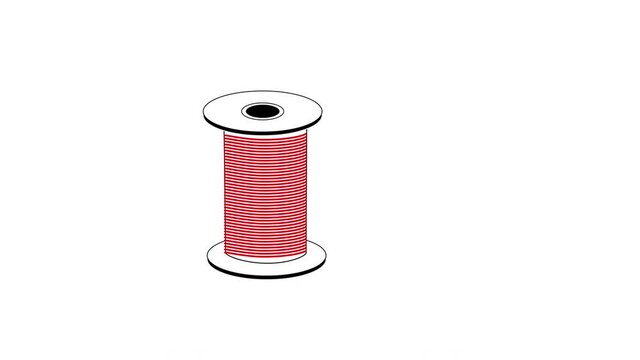 Self drawing animation of sewing spool, needle. Concept of sewing. Red.