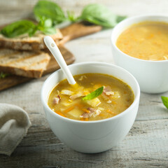 Traditional homemade pea soup with bacon