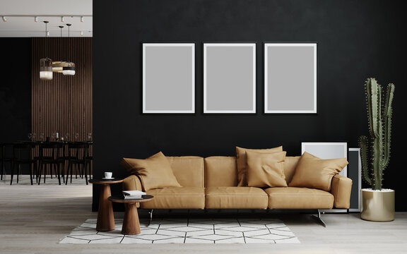 Mock-up frame in dark home interior with sofa, loft, 3d render