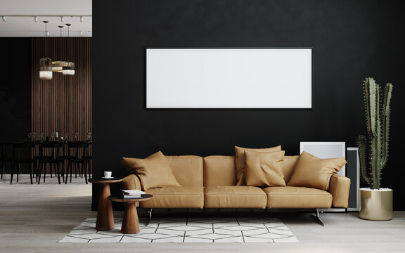 Blank picture frame mock up in dark room interior, 3d rendering