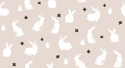Hand drawn vector abstract sketch graphic scandinavian freehand textured modern collage Happy Easter cute simple bunny illustrations seamless pattern and Easter eggs isolated on white background