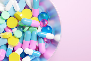 3d illustration colorful capsules pils with medicine  in a large glass cup on  pink background. Capsule medication