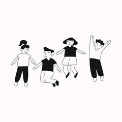 Happy children jumping together. Vector outline design illustration.