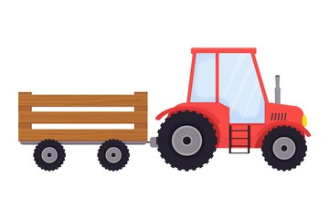 Fototapeta na wymiar Red tractor with trailer, agriculture equipment in cartoon style isolated on white background. Country vehicle, harvest. 