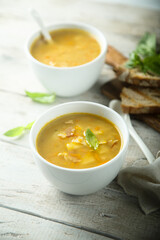 Traditional homemade pea soup with bacon