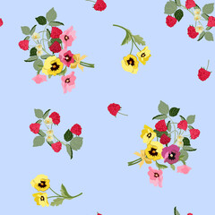 Seamless vector illustration with flowers pansy and raspberries on a blue background.