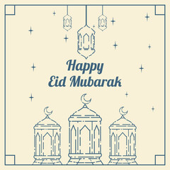 simple linier eid mubarak illustration with lanterns starring lamps