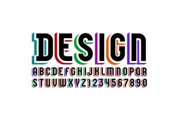 Obraz premium 3D black font, trendy bright alphabet, condensed letters and numbers with colored shadow, vector illustration 10EPS