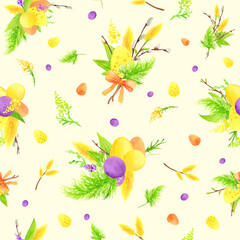 Watercolor Easter Pattern. Willow branches, Eggs, plants, leaves. Design Elements.