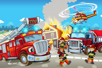 Obraz na płótnie Canvas cartoon scene with cars vehicles on street with fireman