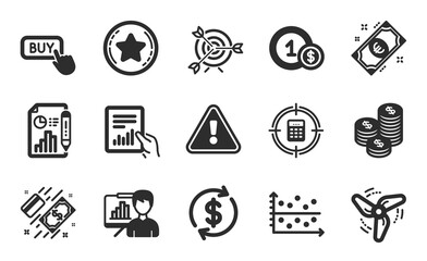 Presentation board, Target and Usd coins icons set. Report document, Loyalty star and Dollar exchange signs. Vector