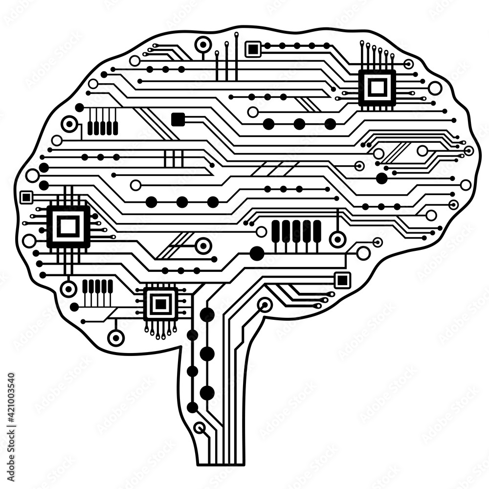 Poster Electronic digital circuit human brain. Artificial intelligence, cyber mind concept. Circuit board chips. 
Big data Cyberspace. Abstract lines template, vector design.
