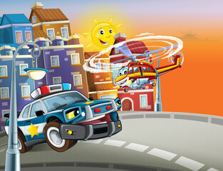 Naklejka premium cartoon scene with cars vehicles on street with fireman