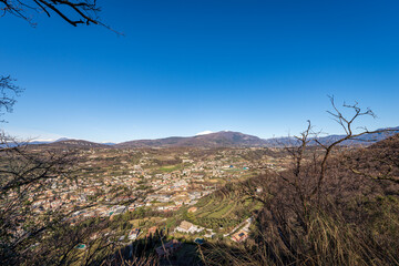 Aerial View of the Small Garda Town, tourist resort on the coast of Lake Garda, view from the Rocca di Garda, small hill overlooking the lake. Verona province, Veneto, Italy, Europe.