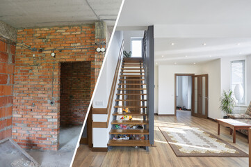 Home renovation concept. Before and after interior in modern style - 421004952