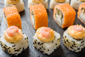 Rolls with shrimps close-up. Traditional Japanese cuisine.