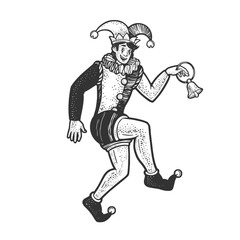 medieval jester sketch engraving vector illustration. T-shirt apparel print design. Scratch board imitation. Black and white hand drawn image.