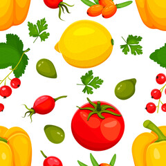 Vitamin C food source vector illustration. Foods containing ascorbic acid. Fruits and vegetables.lemon, pepper, tomato, sea buckthorn, red currant, cockatoo plum, wild rose . Vector illustration