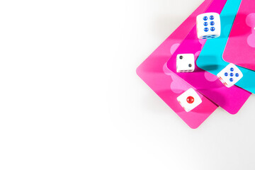 Multicolored cards with gambling dices. Casino betting and gambling concept