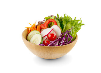Green salad with tomato and fresh vegetables isolated on white background