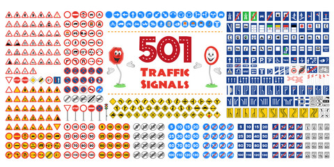 Fototapeta Full collection of 501 Traffic or Road signals isolated on white background. Vector illustration icon set obraz