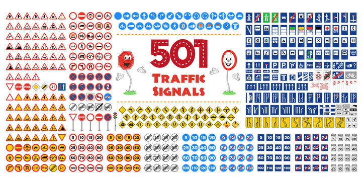 Naklejki Full collection of 501 Traffic or Road signals isolated on white background. Vector illustration icon set