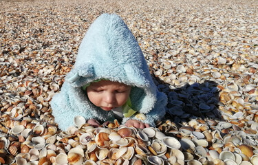 Cute little baby on the beach covered with shells