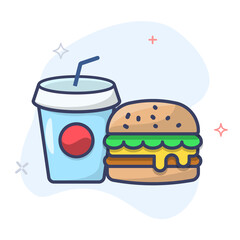 Hamburger and soda takeaway vector icon. Fast food line icon. Soda Drink Cup Outline Illustration.