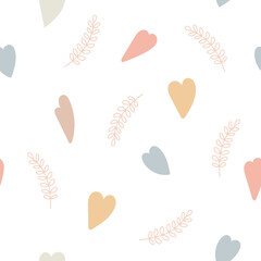 Tender pastel colored hearts seamless pattern vector illustration, simple hand drawn  trendy style bohemian vintage ornament for textile, fabric, wrapping gift paper, romantic background