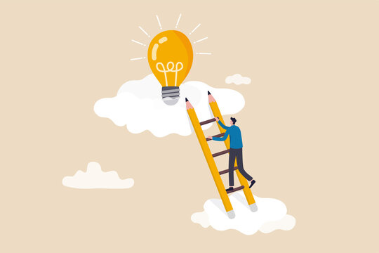 Creative Idea, Inspiration Or Imagination To Create New Innovative Work, Opportunity Or Wisdom Concept, Businessman Creative Guy Climbing Ladder Built From Pencil To Upper Cloud To Find Lightbulb Idea