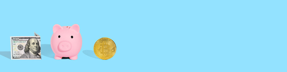 . Piggy bank, one hundred dollar bill and bitcoin on a bright blue background. The concept of safe storage of financial savings.