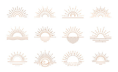 Boho sunrise logo, sun line art vector. Sunset stock vector logo design