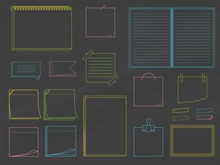 Collection of papers for memo - notepads, stickers, notebooks isolated on chalkboard background. Vector illustration