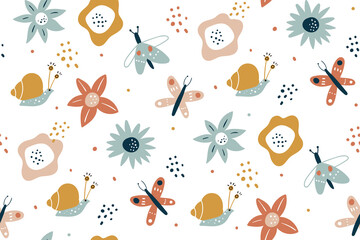 Floral seamless pattern with butterflies, hand drawn vector design. Seamless fashion trendy fabric texture. Vector wallpaper. Illustration of seamless textile background. summer flowers.