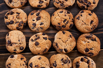 Chocolate cookies on table. Chocolate chip cookies shot