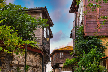 NESSEBAR, BULGARIA, JUNY 20, 2016: architectural solutions Nessebar old town buildings. residential...