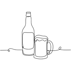 Continuous one line drawing of beer in bottle and glass mug. Minimal style. Perfect for cards, party invitations, posters, stickers, clothing. Drink concept.