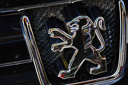 Das Logo von Peugot. Das Autozeichen der Herstellerfirma.  