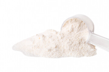 Heap of white protein powder with measuring spoon