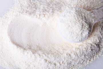 Fototapeta na wymiar Heap of white protein powder with measuring spoon