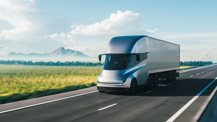 Obraz na płótnie Canvas Cargo truck driving on a highway. 3d illustration