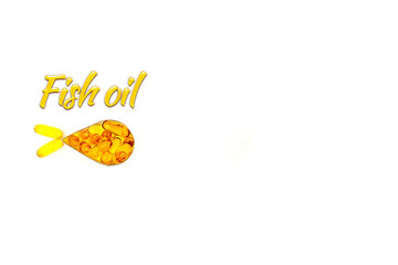 Omega-3 fish oil capsules in a shape of a fish with letter 'Fish oil' on white background