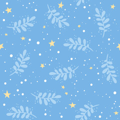 Abstract blue background seamless floral pattern with yellow stars for kids