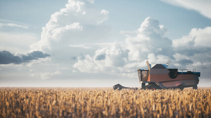 Fototapeta premium Combine harvester gathers the wheat crop. Modern combine harvester gathers wheat crop in field at sunset. Combines working in field. 3d illustration