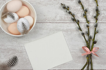 easter card with eggs and catkins