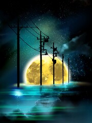 A mysterious landscape where the blue night sky is reflected in the sea and utility poles disappear beyond the horizon	